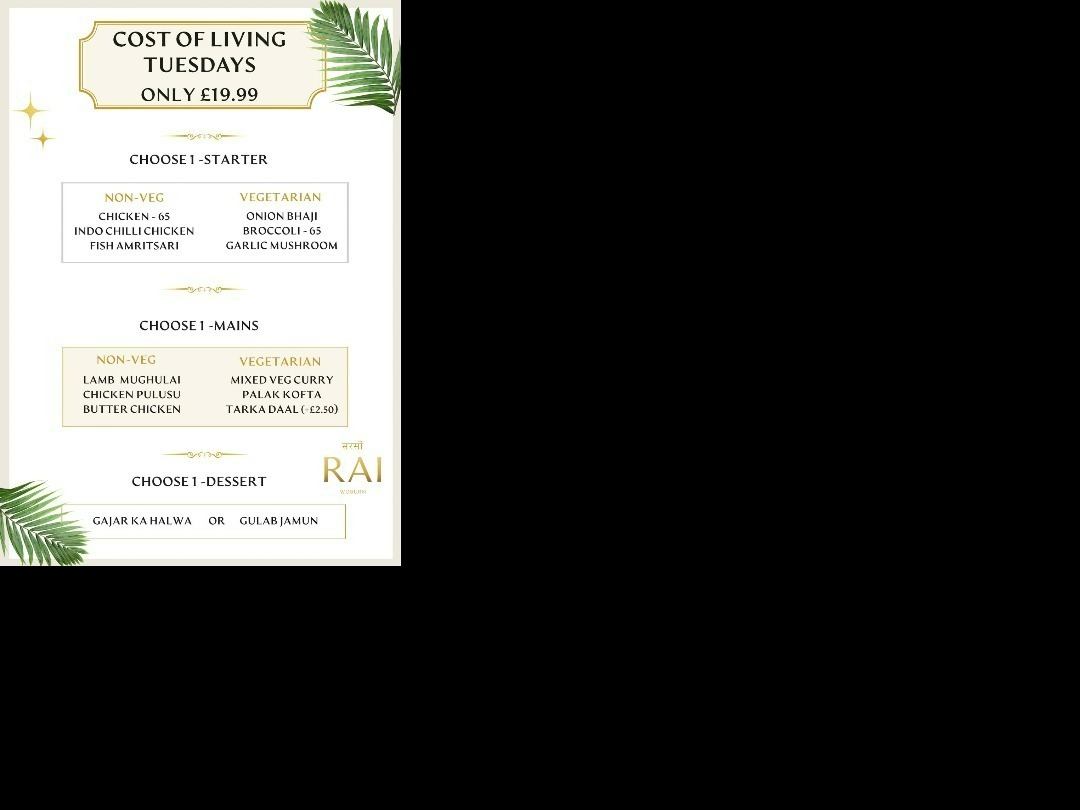 EVERY TUESDAY COST OF LIVING MENU £19.99